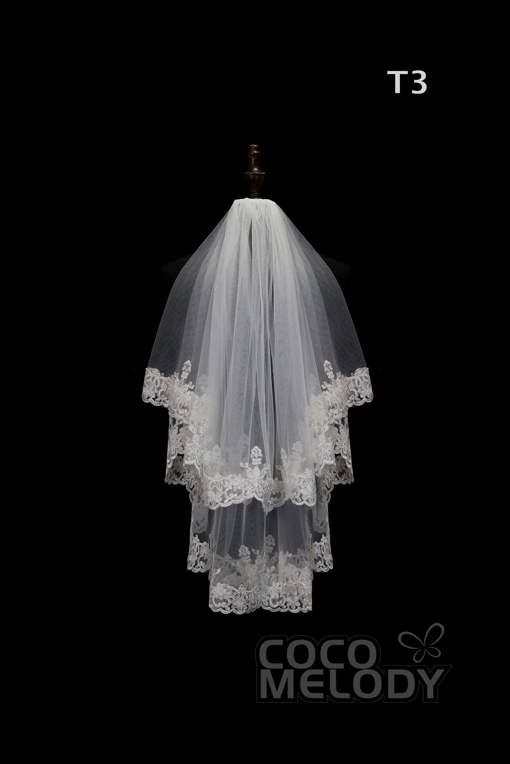 One-tier Lace Edge Tulle Hip Veils with Appliques AV180010 - COCOMELODY