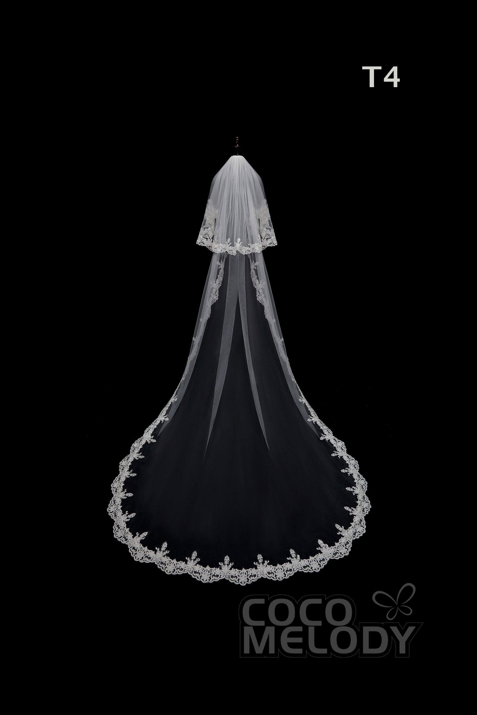 One-tier Lace Edge Tulle Hip Veils with Appliques AV180010 - COCOMELODY