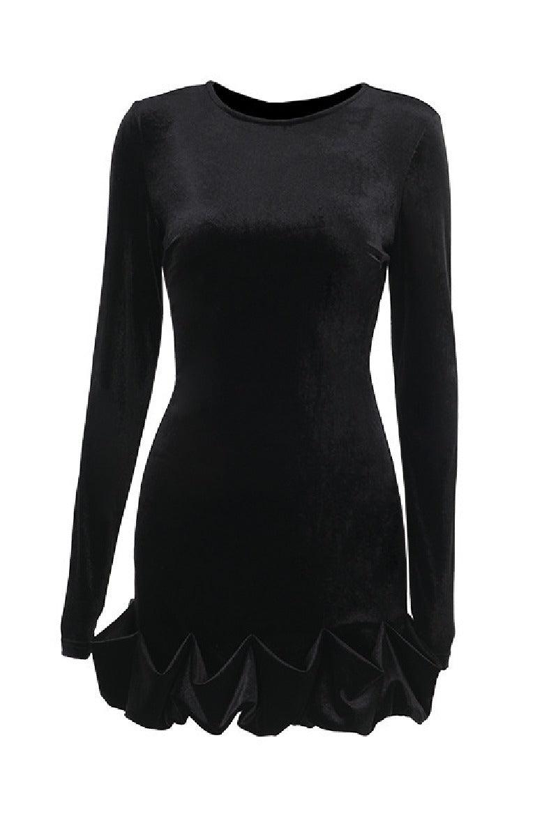 Velvet round neck three-dimensional pleated hem cocktail dress 839933653307 - COCOMELODY
