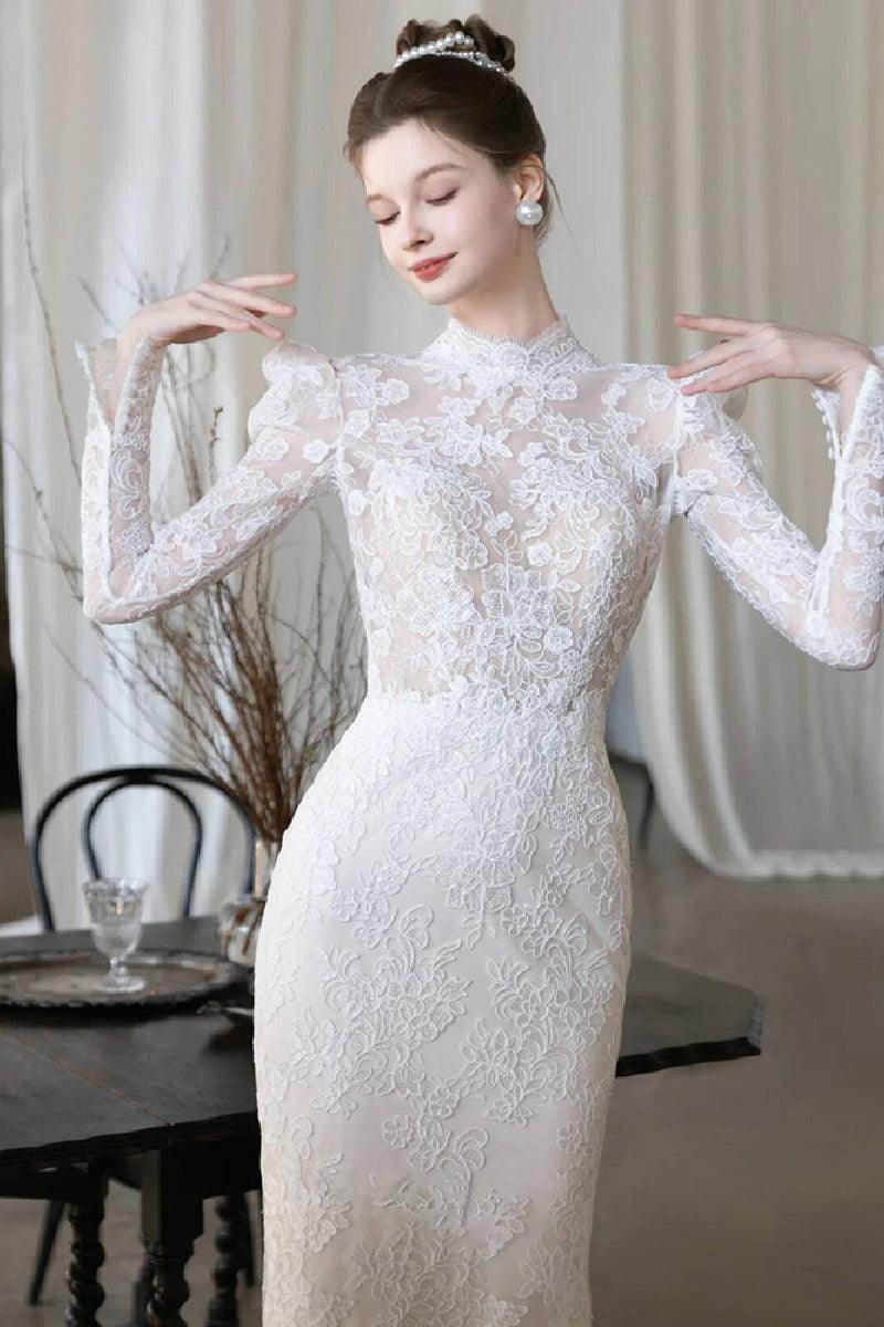 Trumpet-Mermaid Sweep-Brush Train Lace Wedding Dress 818104899723 - COCOMELODY