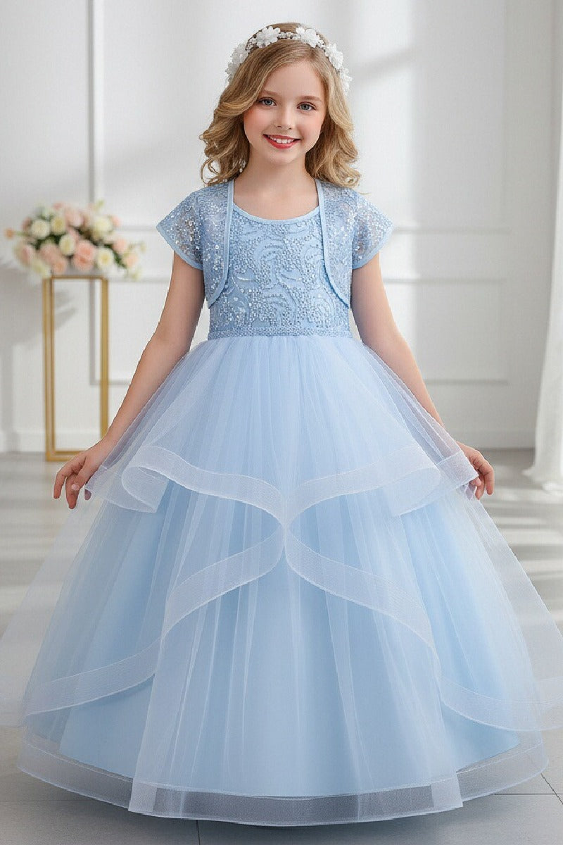 Two-Piece Sequin Lace Short Sleeve Bolero Jacket With Spaghetti Strap Tulle Floor-Length Flower Girl Dresses 1030169357466