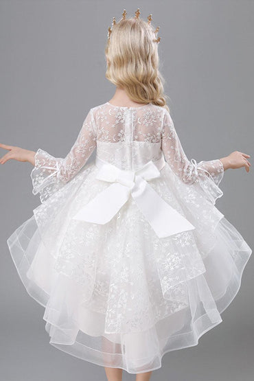 A-Line Scoop Neck Long Sleeve High-Low Tulle Flower Girl Dresses 732392319918 - COCOMELODY