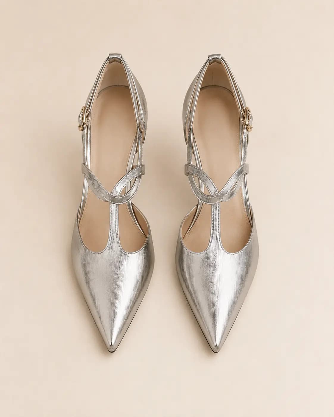 Metallic Pointed Toe Mary Jane Heels T Strap Elegant Design Shoes 915991421507