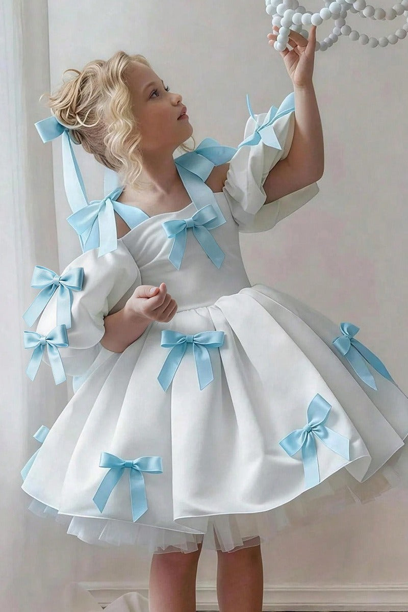 Sweet Satin Cold Shoulder Puff Sleeves Bow Details Flower Girl Dresses 994215152061