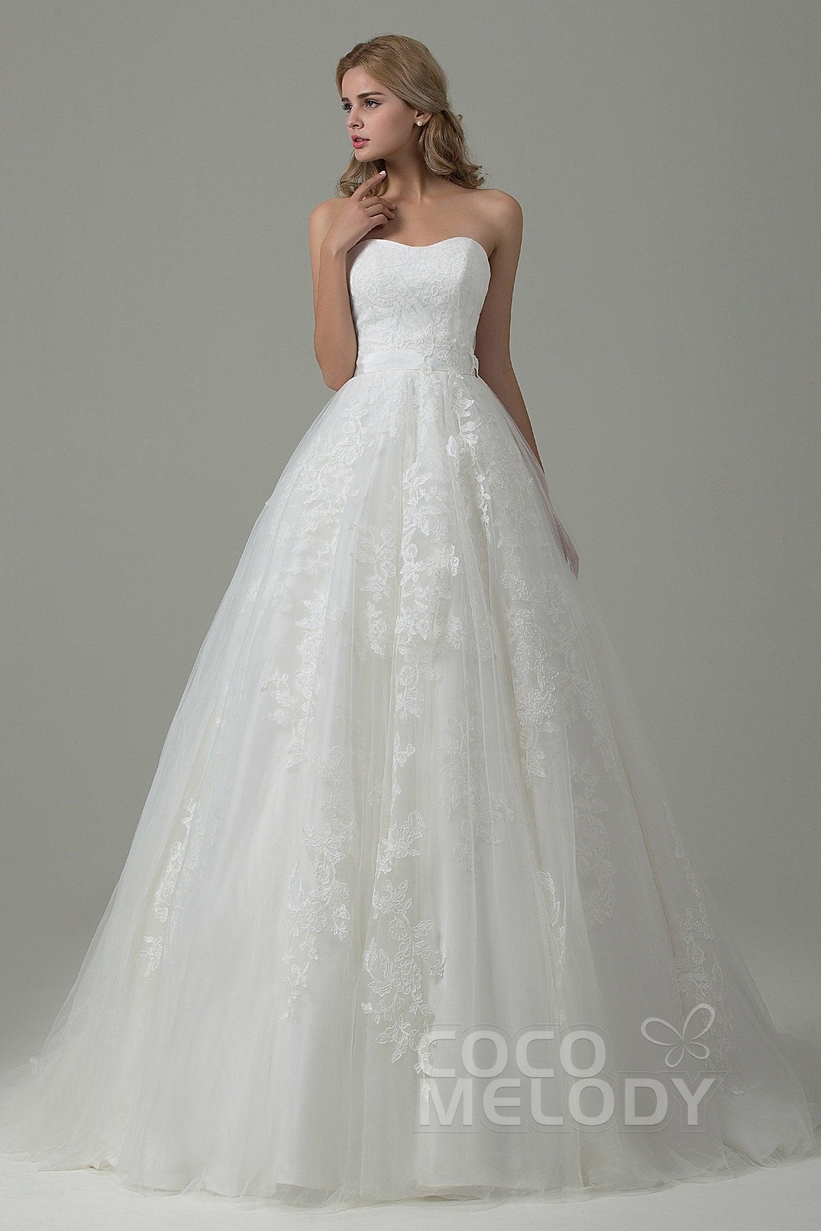 A-Line Court Train Tulle and Lace Wedding Dress B14E3A024 - COCOMELODY