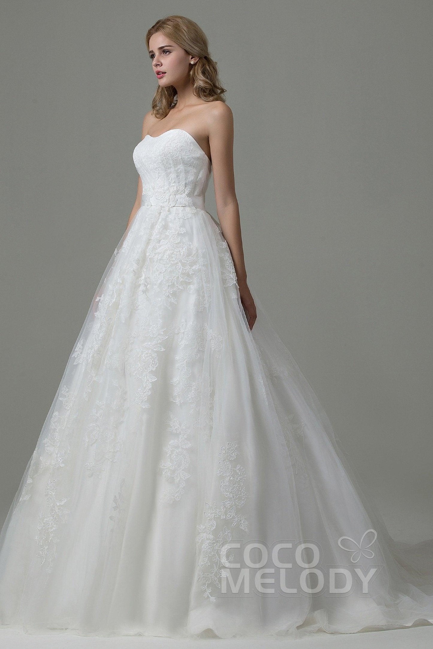 A-Line Court Train Tulle and Lace Wedding Dress B14E3A024 - COCOMELODY
