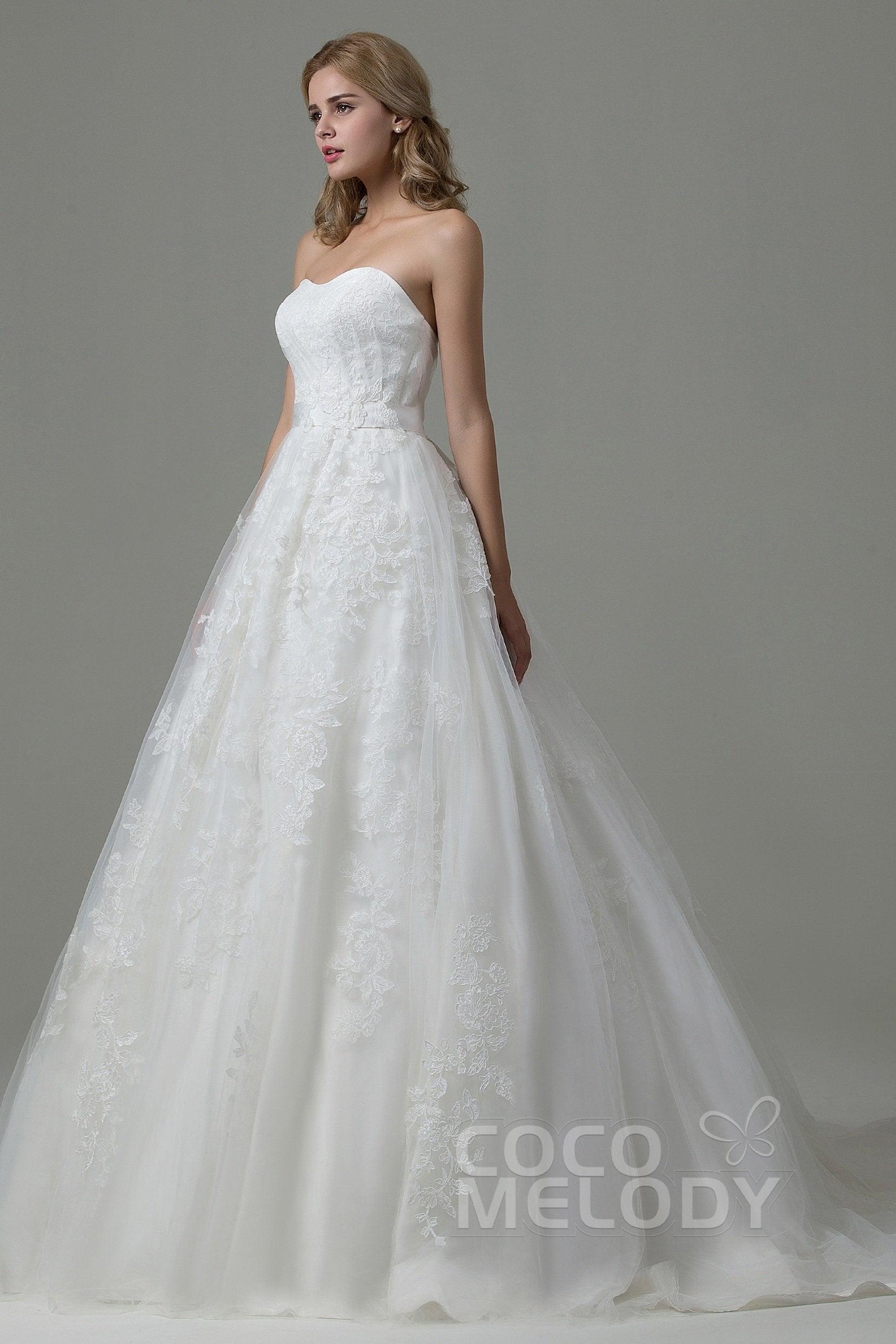 A-Line Court Train Tulle and Lace Wedding Dress B14E3A024 - COCOMELODY