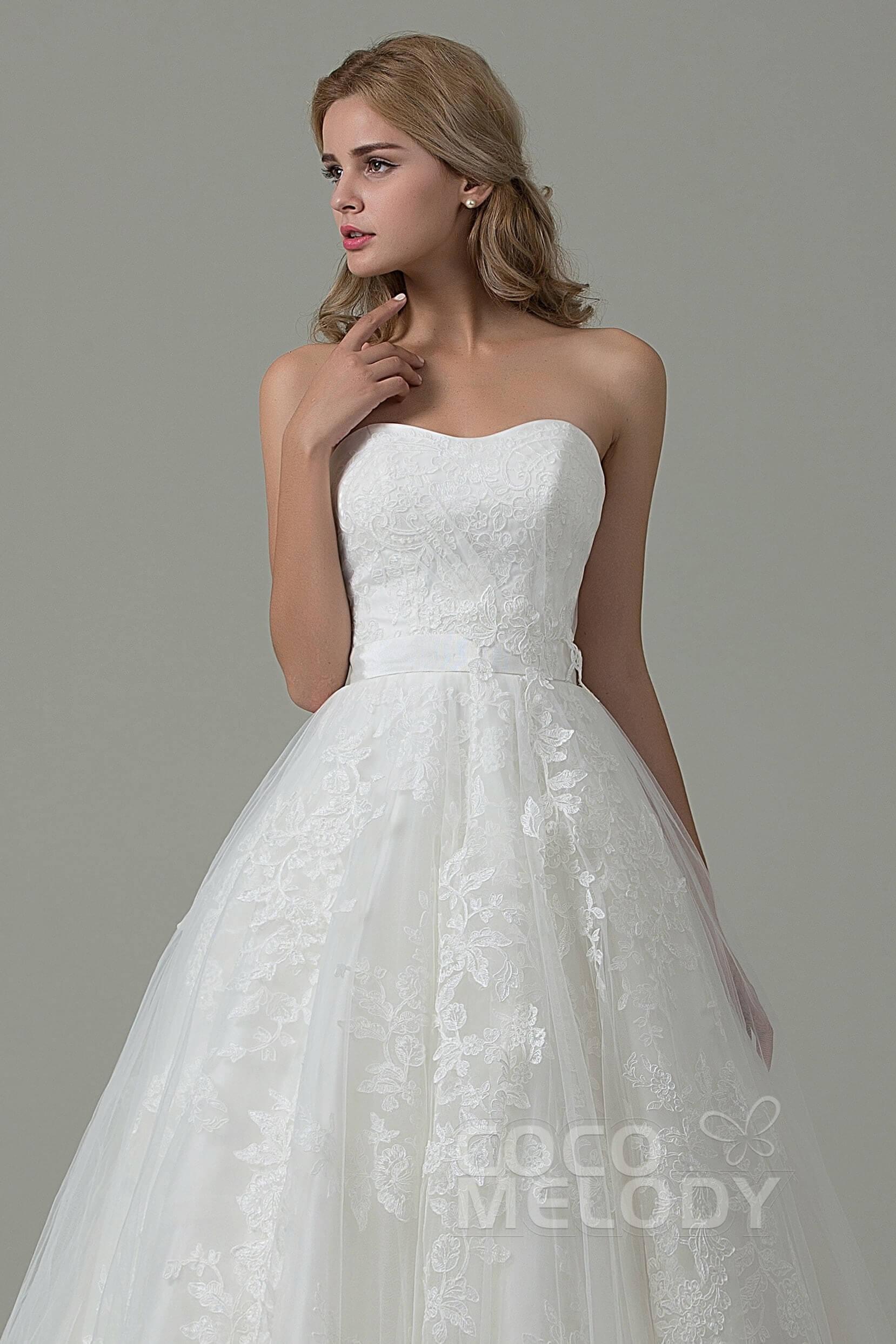 A-Line Court Train Tulle and Lace Wedding Dress B14E3A024 - COCOMELODY