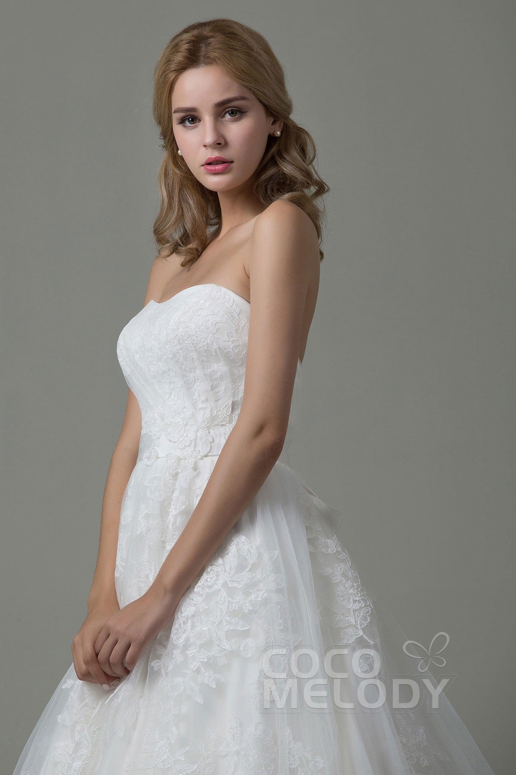 A-Line Court Train Tulle and Lace Wedding Dress B14E3A024 - COCOMELODY