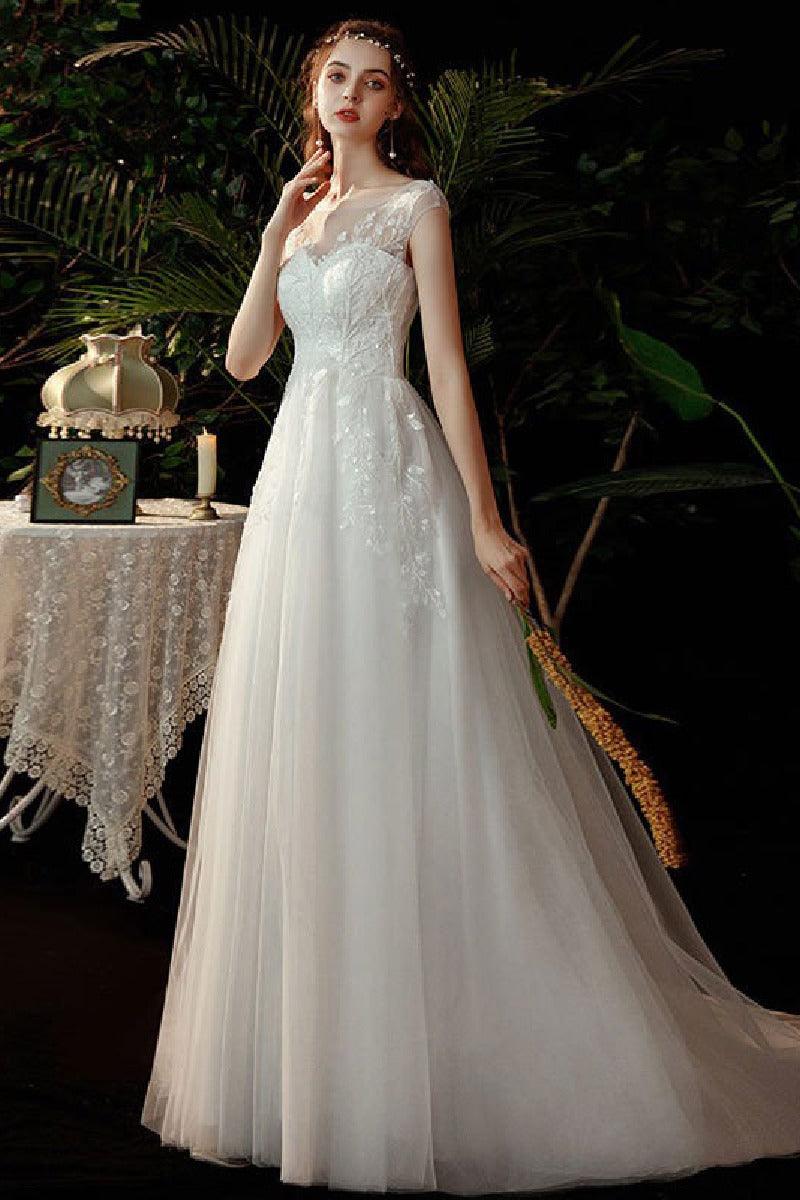 A-Line Sweep-Brush Train Lace Tulle Wedding Dress 639357461992