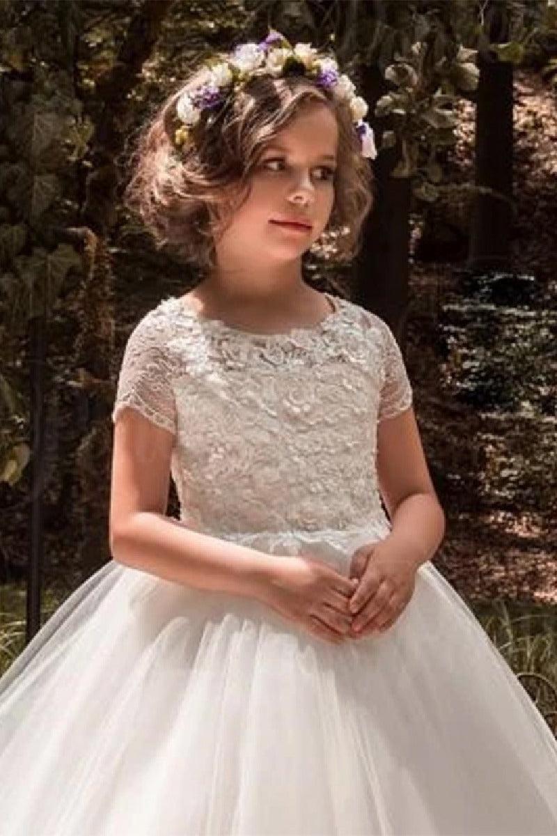 A-Line Scoop Neck Short Sleeve Tulle Court Train Flower Girl Dresses 819345177220 - COCOMELODY
