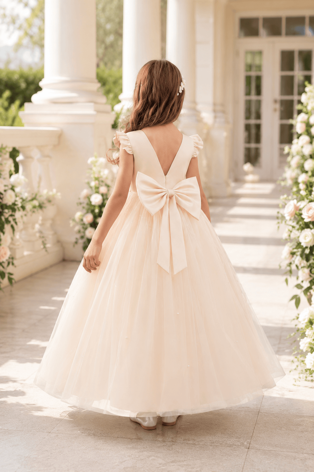 Romantic Tulle with Bow Back Pearl Accents Flower Girl Dresses 1029322248393