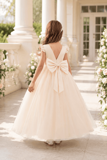 Romantic Tulle with Bow Back Pearl Accents Flower Girl Dresses 1029322248393 - 7 Days / Champagne / 100cm - COCOMELODY