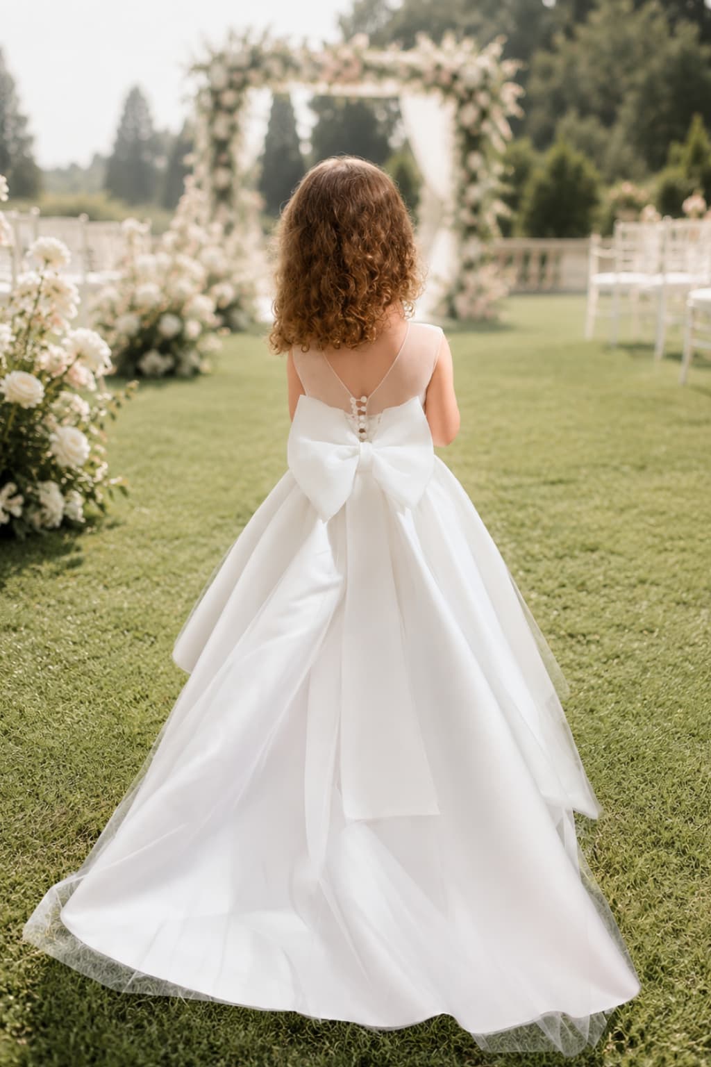 A-Line Illusion Large Bow Sweep-Brush Train Flower Girl Dresses 944464872458