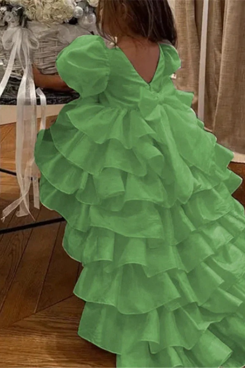 Romantic High-Low Train Tiered Ruffles Back Bow Flower Girl Dresses 950388949190
