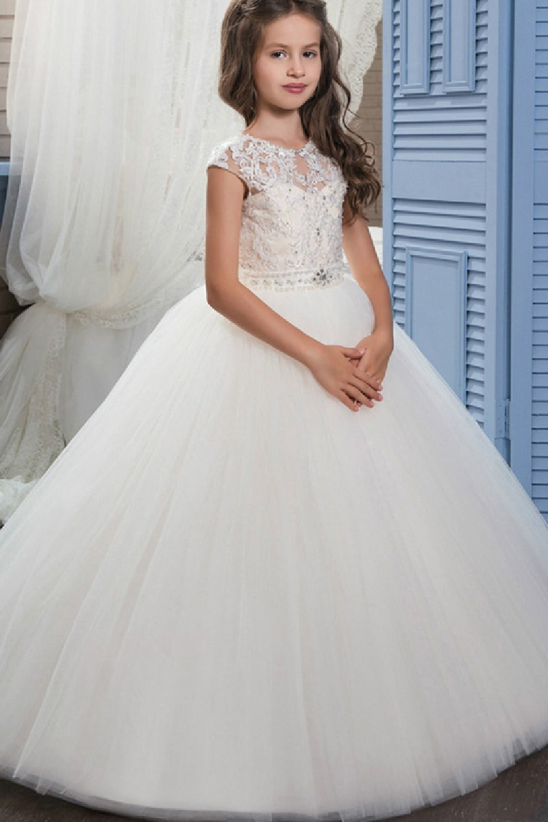 A-Line Illusion Neck Off The Shoulder Sleeves Tulle Sweep-Brush Train Flower Girl Dresses 654966166039