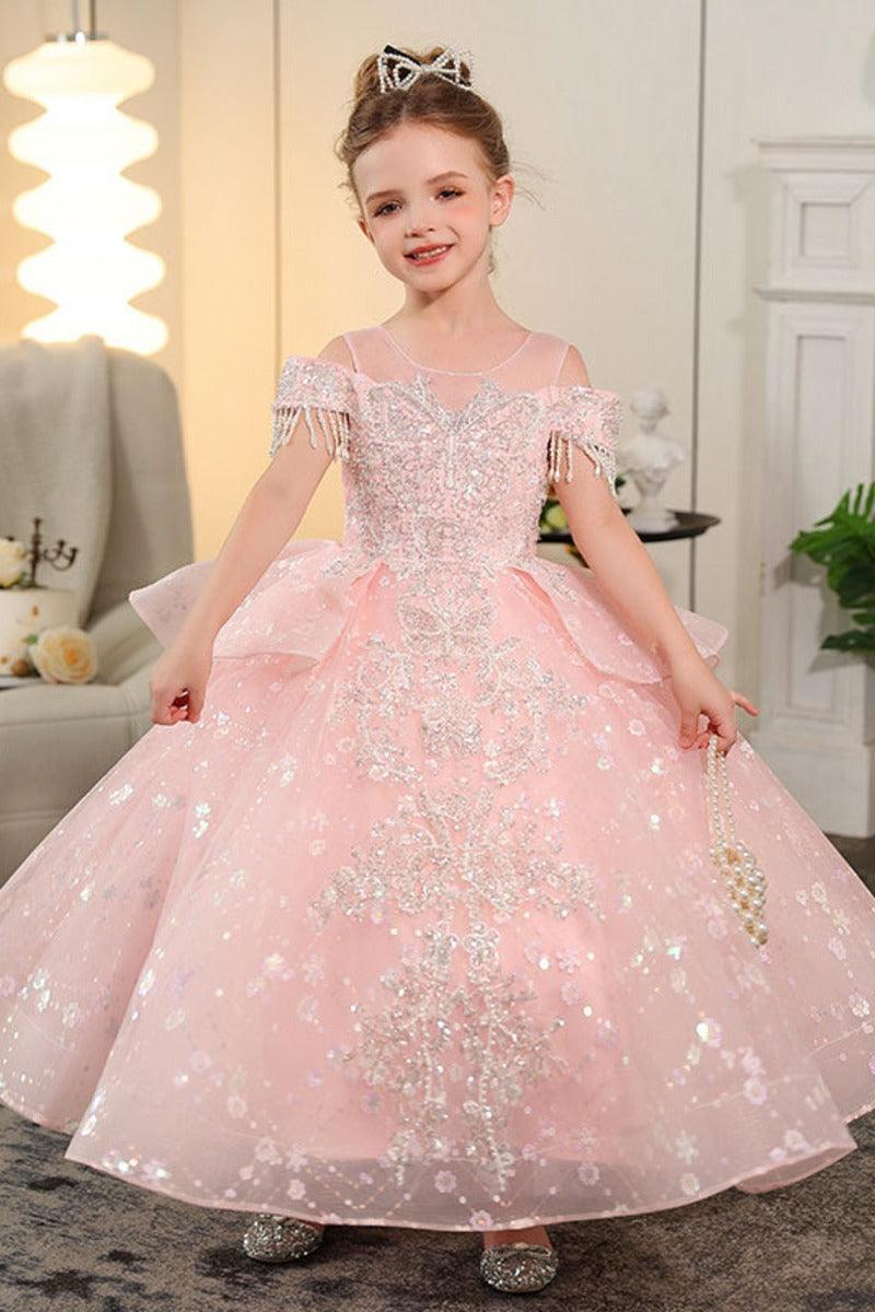 Illusion Neck Off-Shoulder Tassel Shoulder Sparkle Tulle Flower Girl Dresses 957274035794 - 7 Days / Pink / 100cm - COCOMELODY