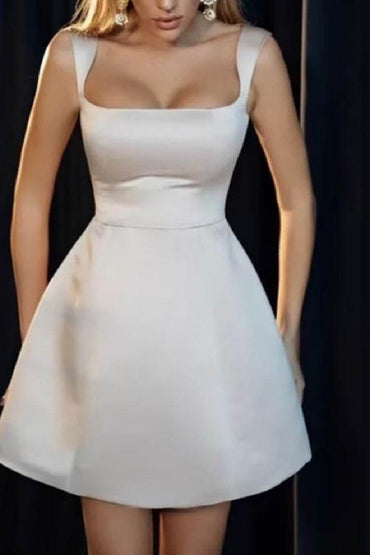A-Line Short-Mini Satin Little White Dress 100050 - COCOMELODY