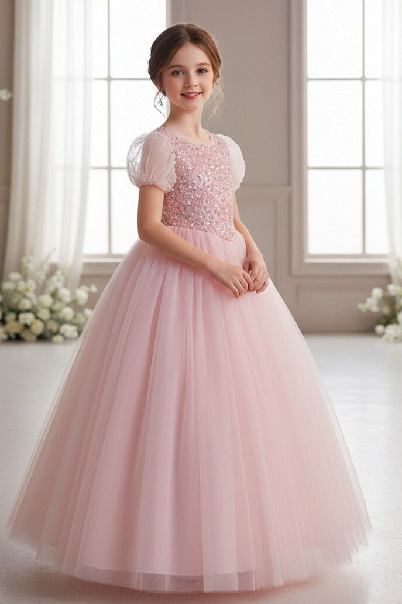 A-Line Short Puff Sleeve Sequin Rainbow Tulle Floor-Length Flower Girl Dresses 1029773142446