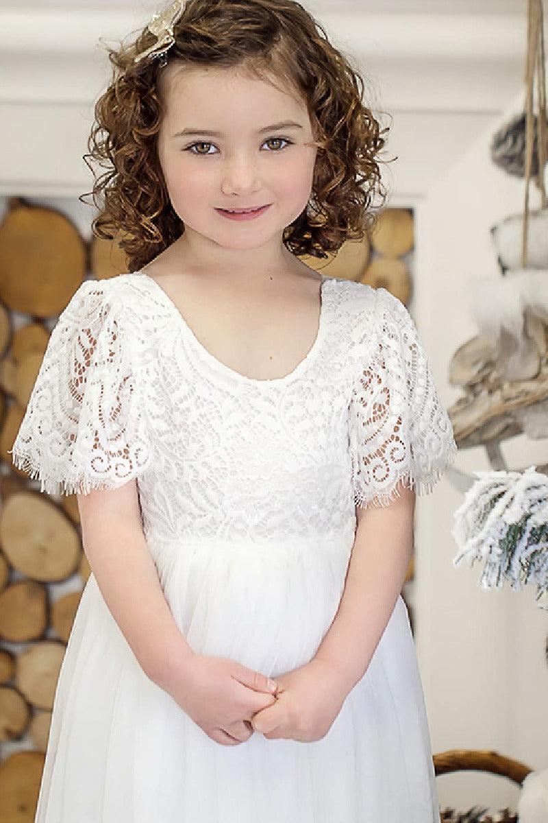 A-Line Scoop Neck Short Sleeve Tulle Maxi Flower Girl Dress 727468954365 - COCOMELODY