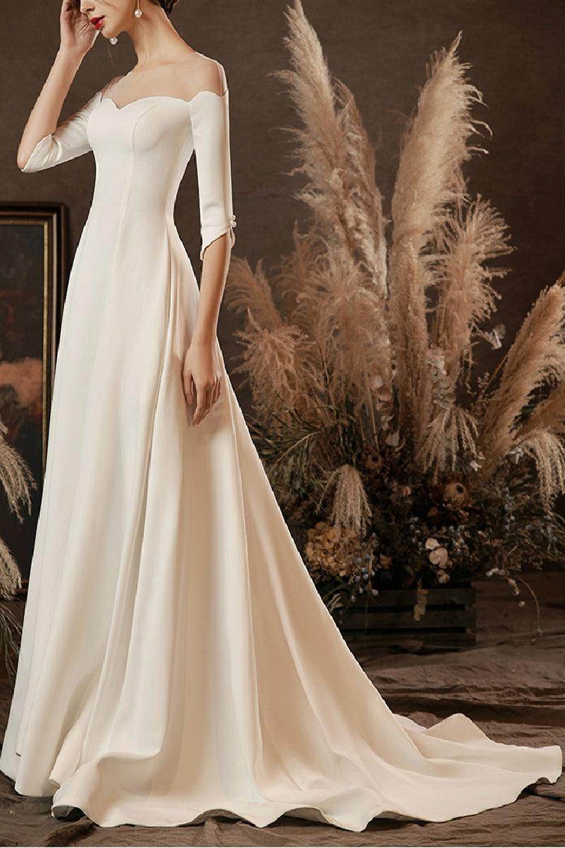 A-Line Sweep-Brush Train Satin Wedding Dress 654904974053 - COCOMELODY