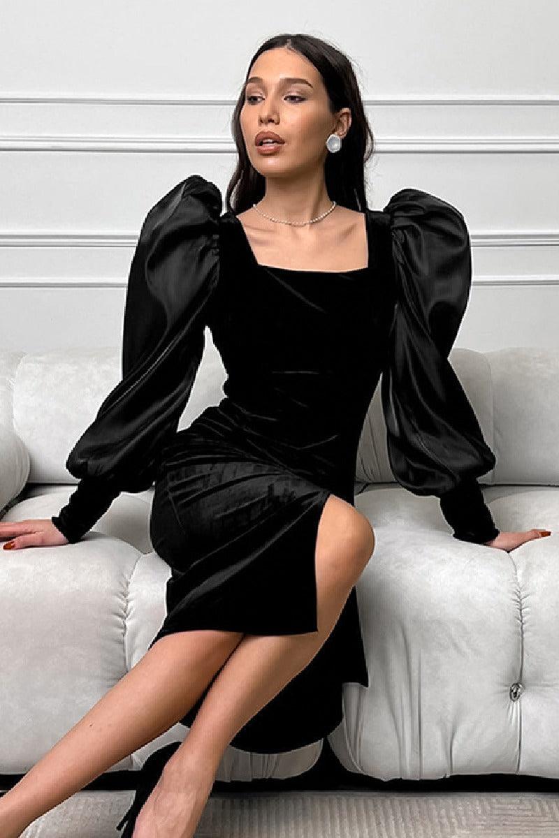 Elegant French black velvet cocktail dress 829412894052 - COCOMELODY
