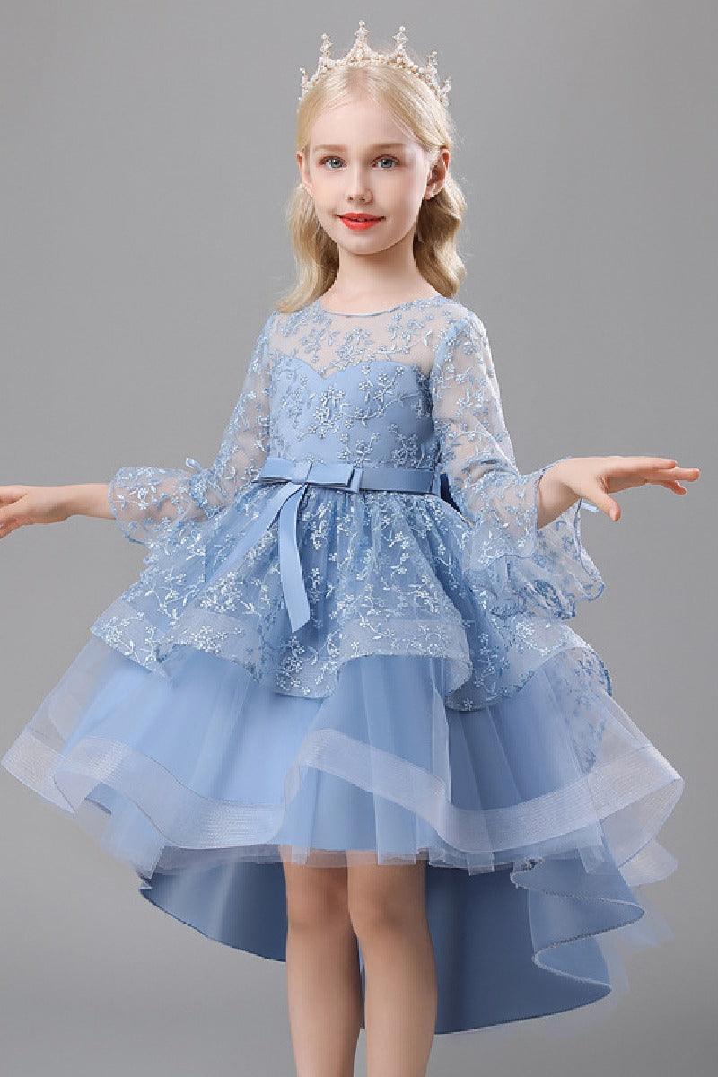 A-Line Scoop Neck Long Sleeve High-Low Tulle Flower Girl Dresses 732392319918 - COCOMELODY