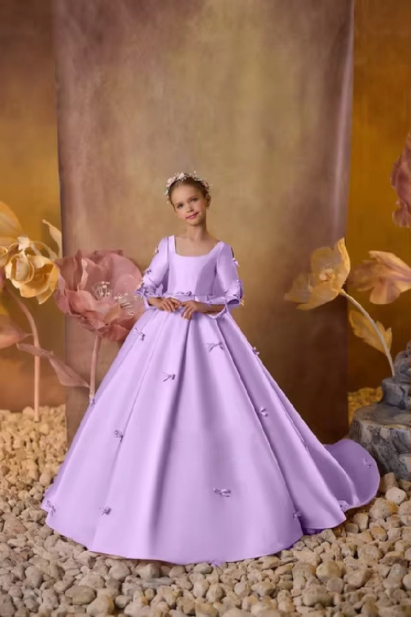 Square Neck Mini Bow Applique Satin Flower Girl Dresses 673032897062