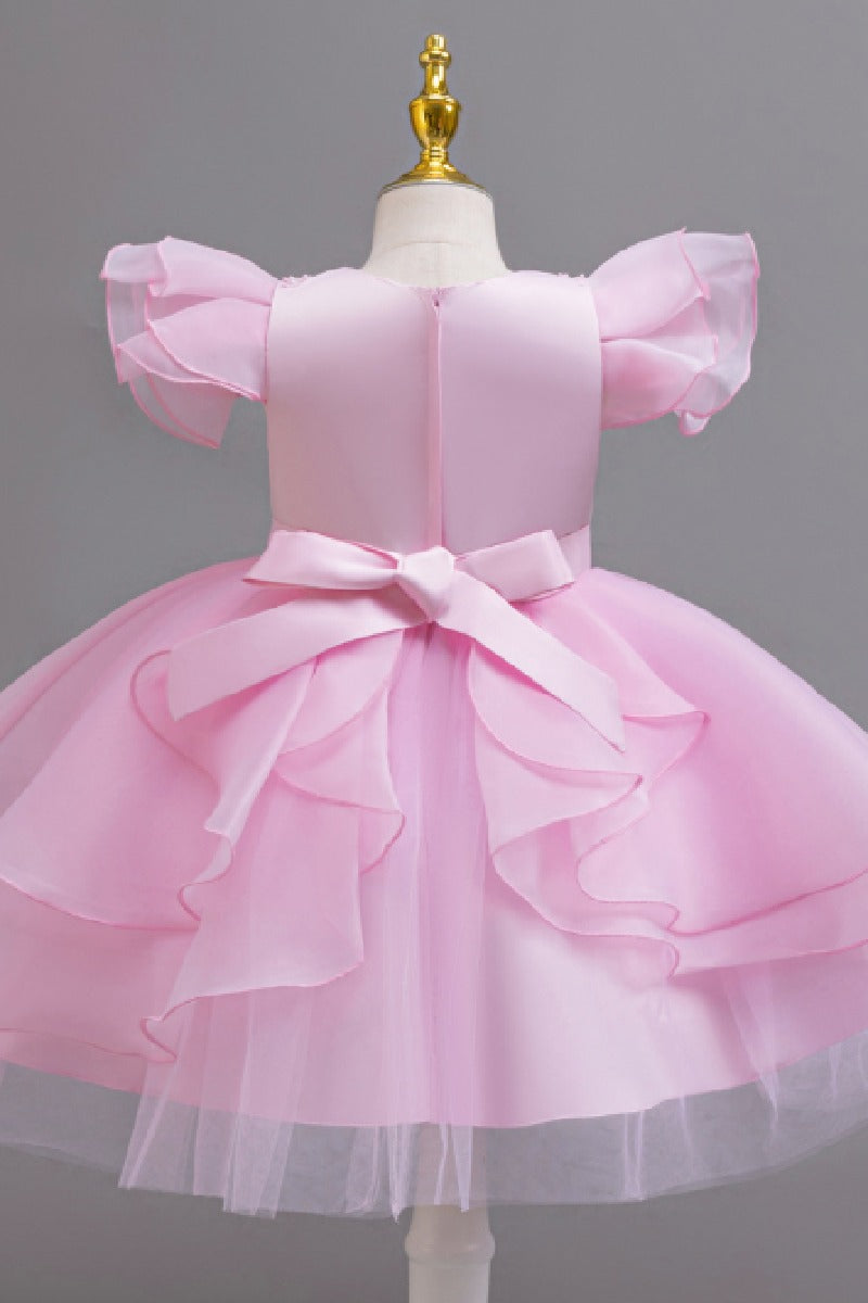 Short Flutter Sleeve Organza Knee Length Flower Girl Dresses 1028919378818