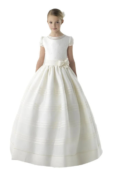 A-Line Bateau Neck Short Cap Puff Sleeves Satin Floor Length Flower Girl Dresses 920076518989