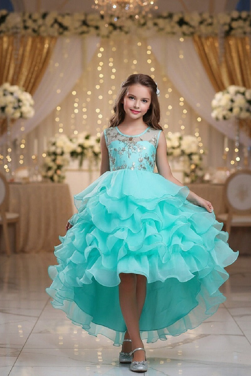 Ball Gown Illusion Round Neck Sleeveless Ruffled Organza Hi-Low Front Short Back Long Flower Girl Dresses 1029091411303