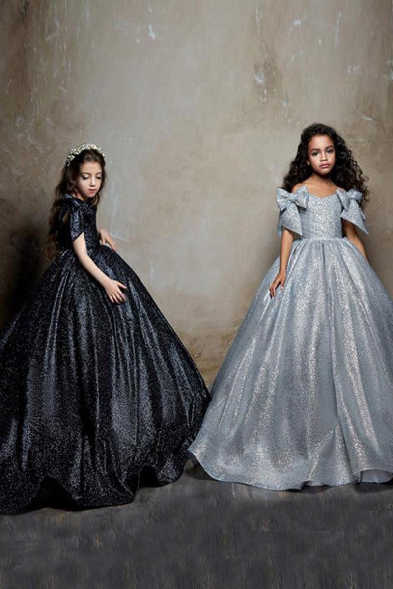 A-Line Off-Shoulder Glitter Satin Bow Shoulder Flower Girl Dresses 692491041797 - 10 Days / Black / 2 - COCOMELODY