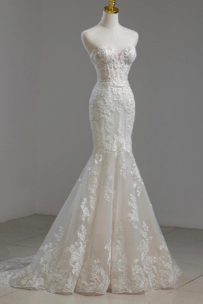 Trumpet-Mermaid Sweep-Brush Train Lace Tulle Wedding Dress795300012049 - COCOMELODY