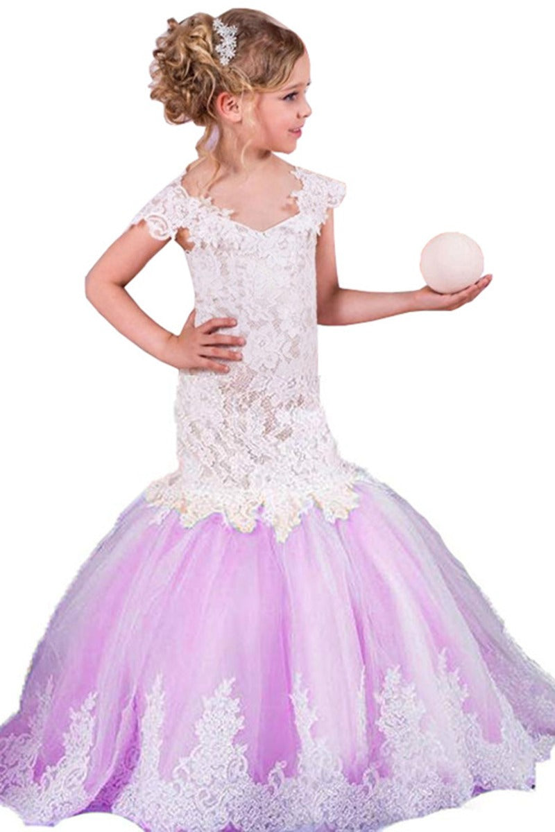 Lace Mermaid Trumpet V-Neck Tulle Flower Girl Dresses 618222534813