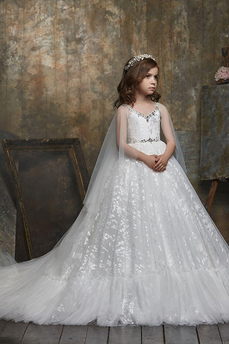 V-Neck Tulle Sweep-Brush Train Rhinestone Flower Girl Dresses 602360853583