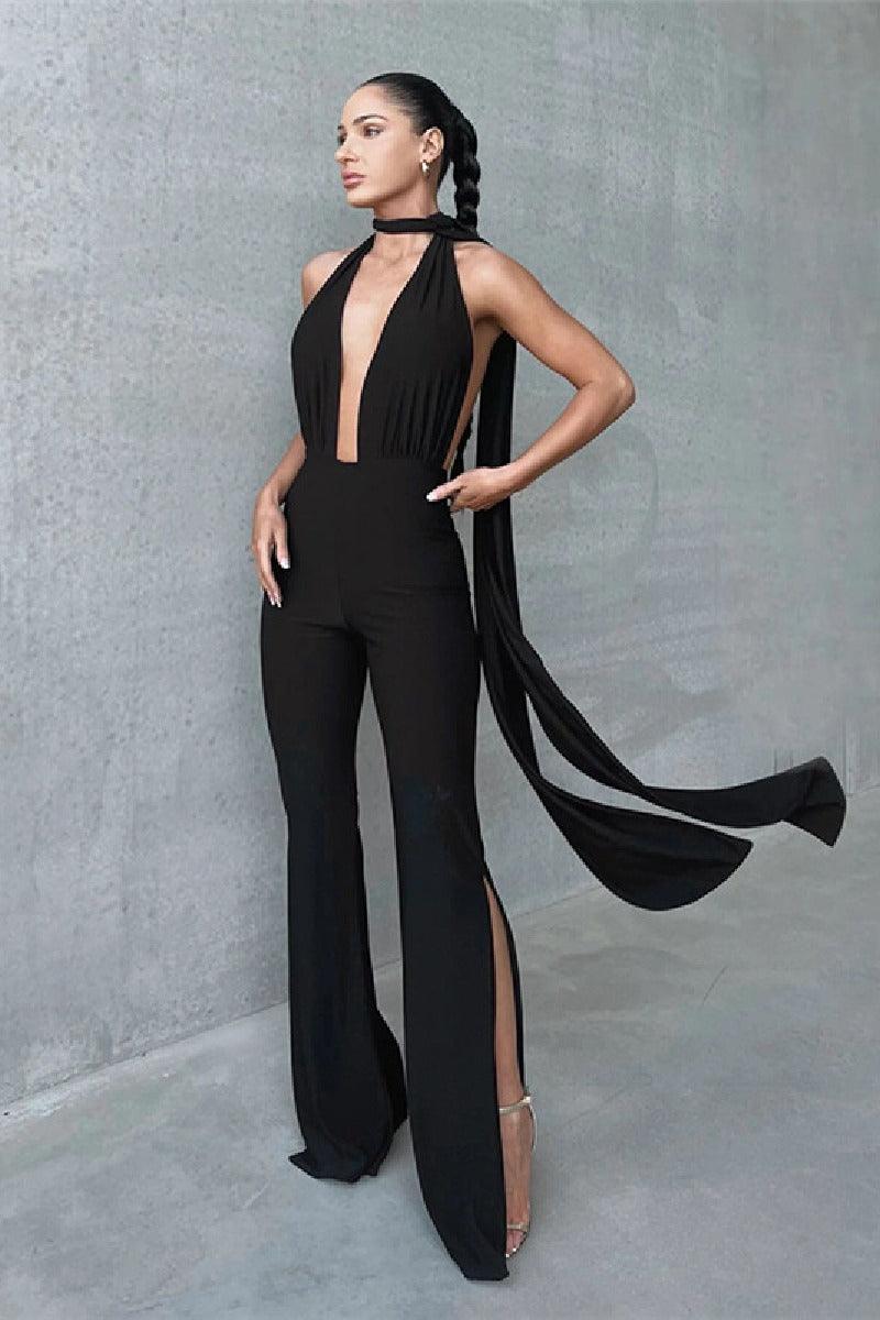 Halter sexy hollowed-out backless slim-fit jumpsuit party dress 729888018414 - COCOMELODY