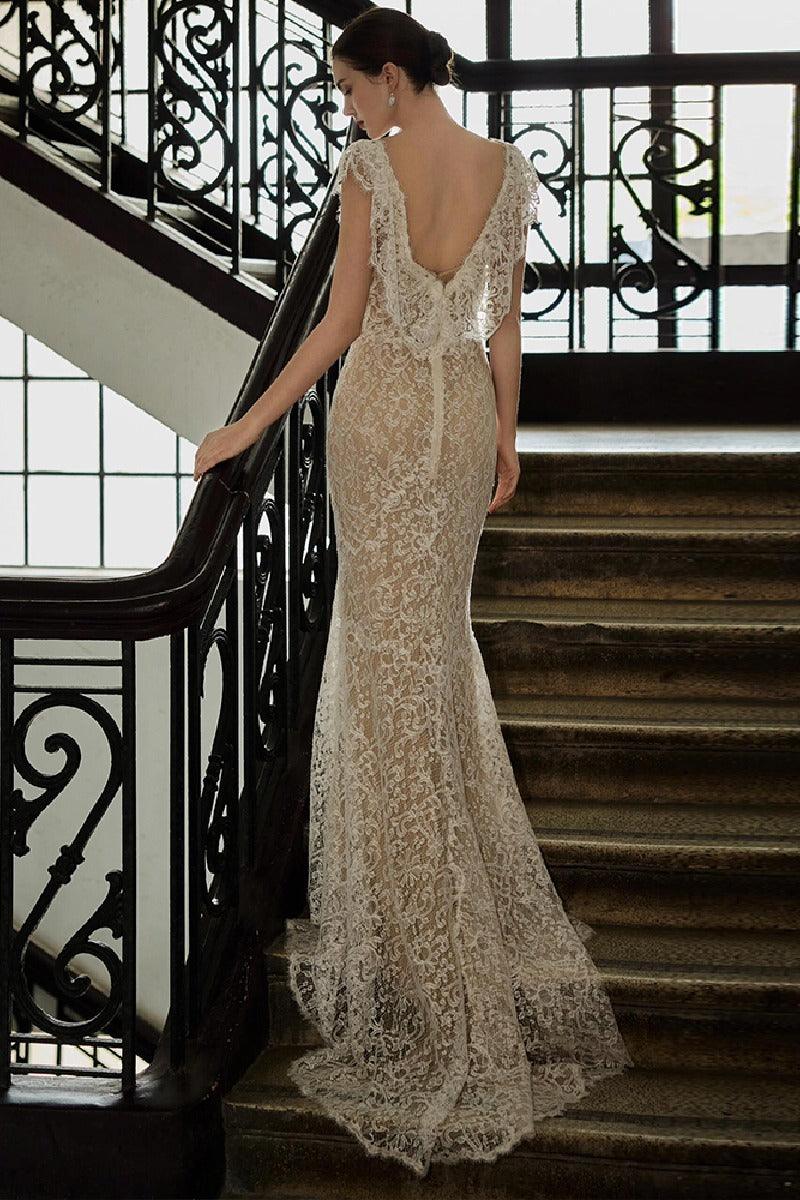 Trumpet-Mermaid Sweep-Brush Train Lace Wedding Dress 802161905314 - COCOMELODY