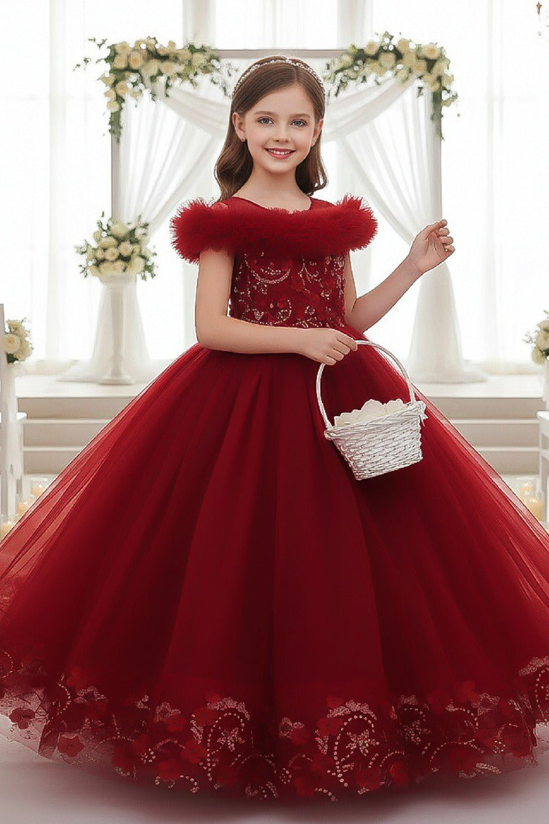 A-Line Off The Shoulder Sleeves Floor Length Tulle Flower Girl Dresses 1050836973299