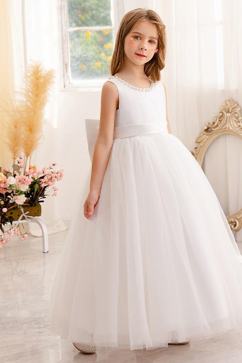 A-Line Scoop Neck Satin/Tulle Flower Girl Dresses With Bow(s)/Beading 752041855392 - COCOMELODY