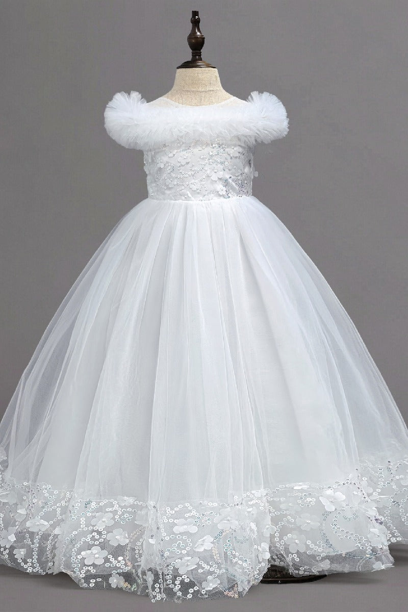 A-Line Off The Shoulder Sleeves Floor Length Tulle Flower Girl Dresses 1050836973299