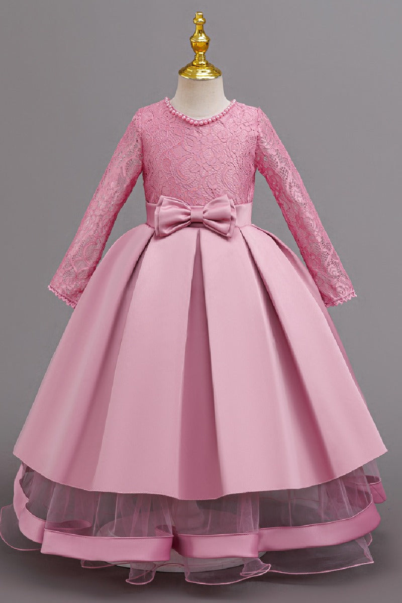 A-Line Pearl Neck Long Sleeve Satin Ankle Length Flower Girl Dresses 1049638009353
