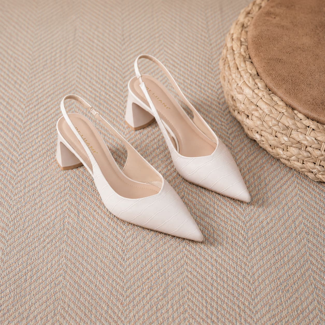 Croc Embossed Pointed Toe Slingback Pumps Block Heel Shoes 1039842418241