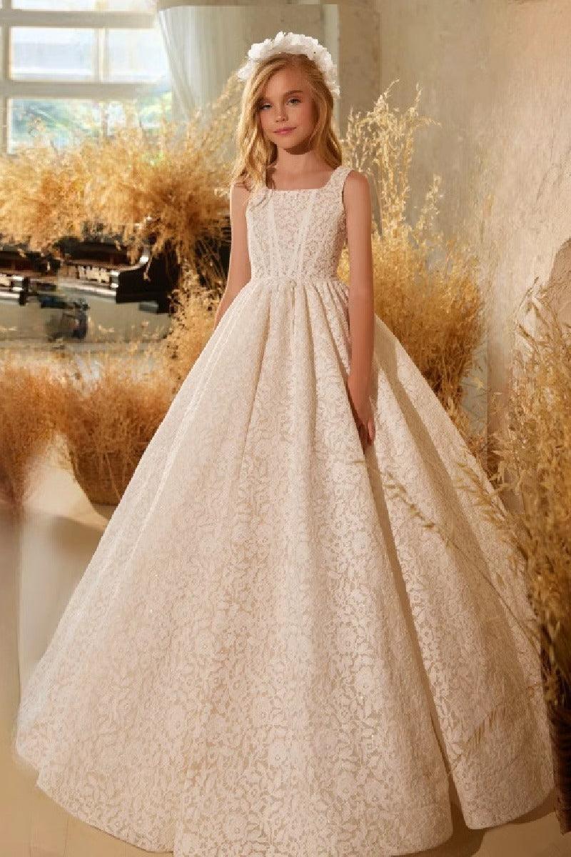 A-Line Square Neck Lace Court Train Flower Girl Dresses 673565263333