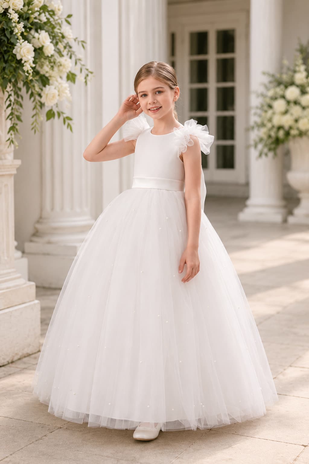 Tulle Flutter Cap Sleeves Big Bow Floor Length Flower Girl Dresses 907809929481
