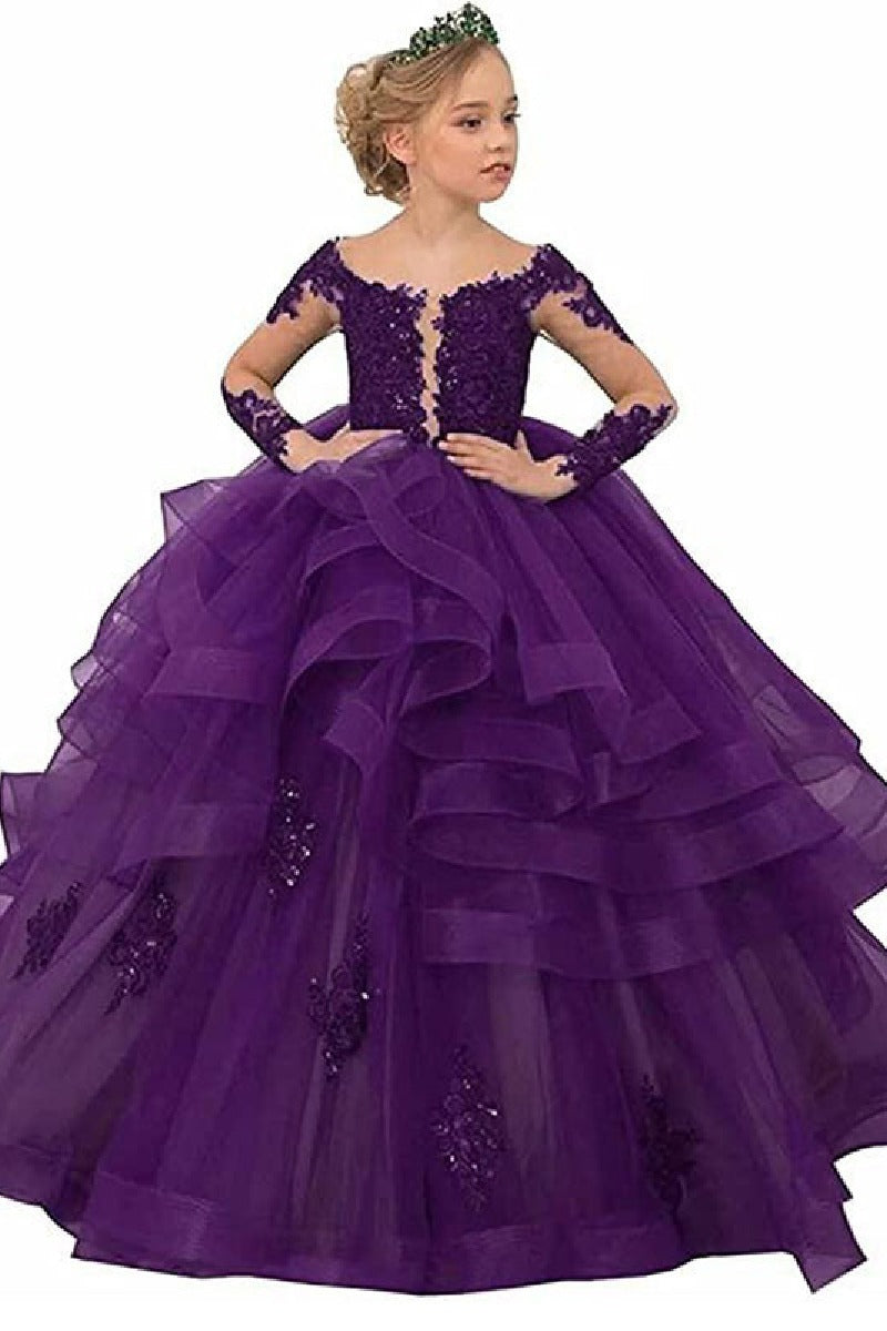 A-Line Off The Shoulder Long Sleeve Tulle Floor Length Flower Girl Dresses 617925271837