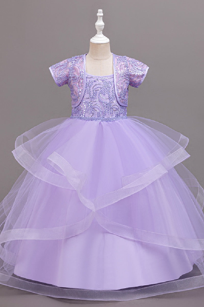 Two-Piece Sequin Lace Short Sleeve Bolero Jacket With Spaghetti Strap Tulle Floor-Length Flower Girl Dresses 1030169357466