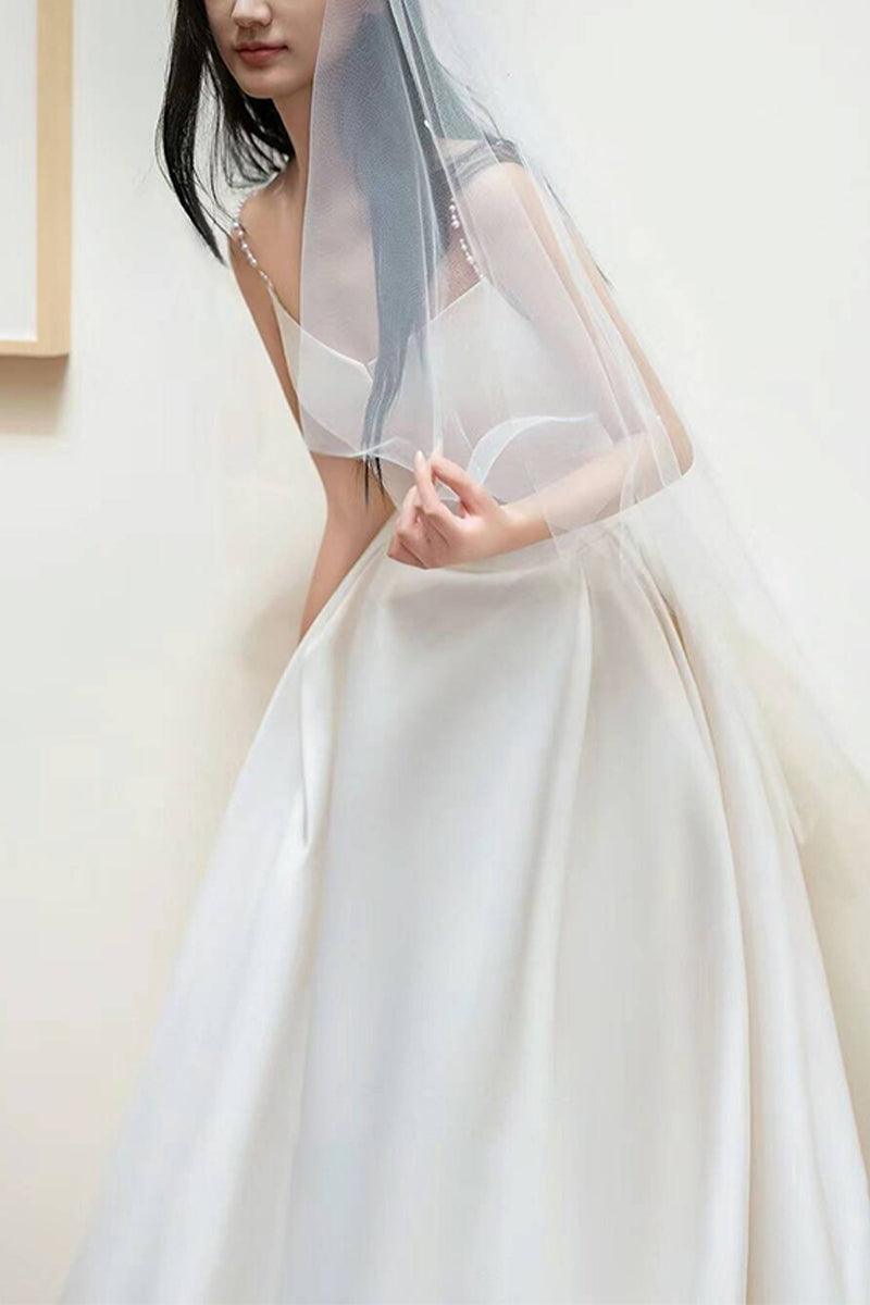 A-Line Sweep-Brush Train Satin Wedding Dress 803828592874 - COCOMELODY