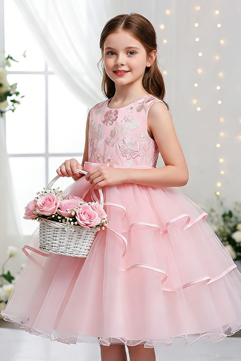 A-Line Round Neck Sleeveless Ruffled Tulle Knee Length Flower Girl Dresses 1029768342439
