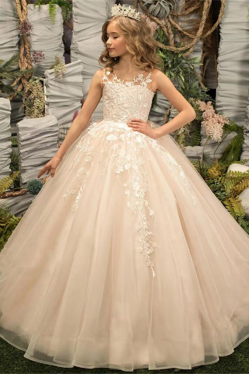 Floor Length A-Line Illusion Applique Flower Girl Dresses 673761187442