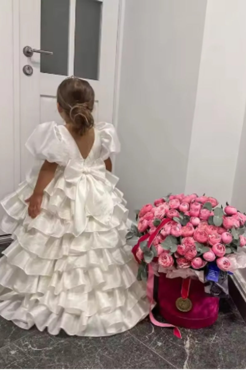 Romantic High-Low Train Tiered Ruffles Back Bow Flower Girl Dresses 950388949190